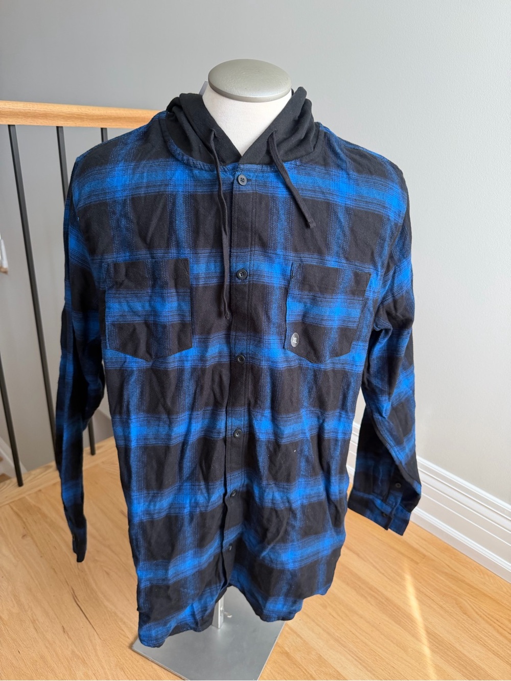 PacSun Black and Blue Plaid Hooded Shirt Jacket